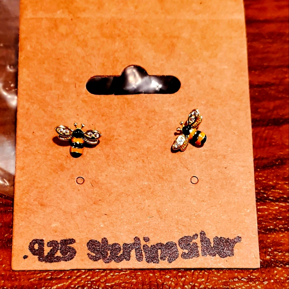 925 Stirling Silver Tiny Bee Bumblebee Stud Earrings